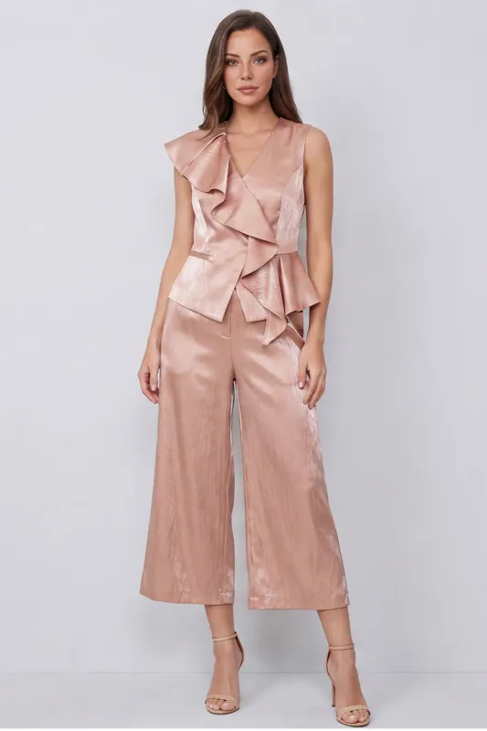 Dusty Rose V-Neck Ruffled 2-piece Work Suits made by Zapaka