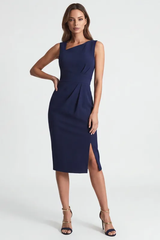 Navy Asymmetric Neck Sheath Midi Work Dress with Slit made by Zapaka