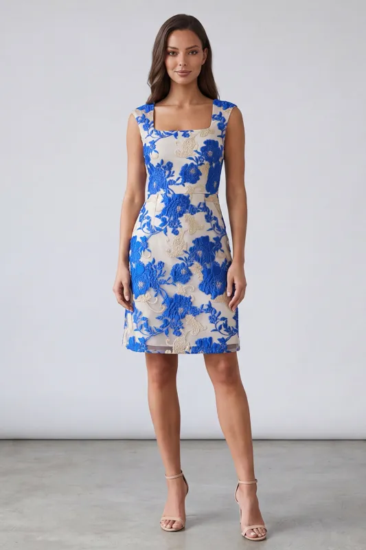 Blue Floral Square Neck Sheath Short Work Dress made by Zapaka