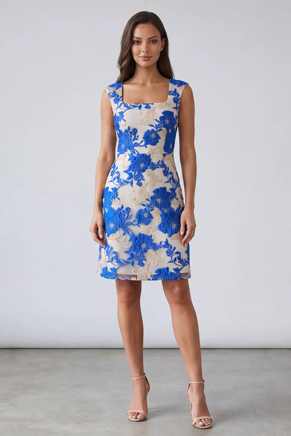Blue Floral Square Neck Sheath Short Work Dress sold by Zapaka