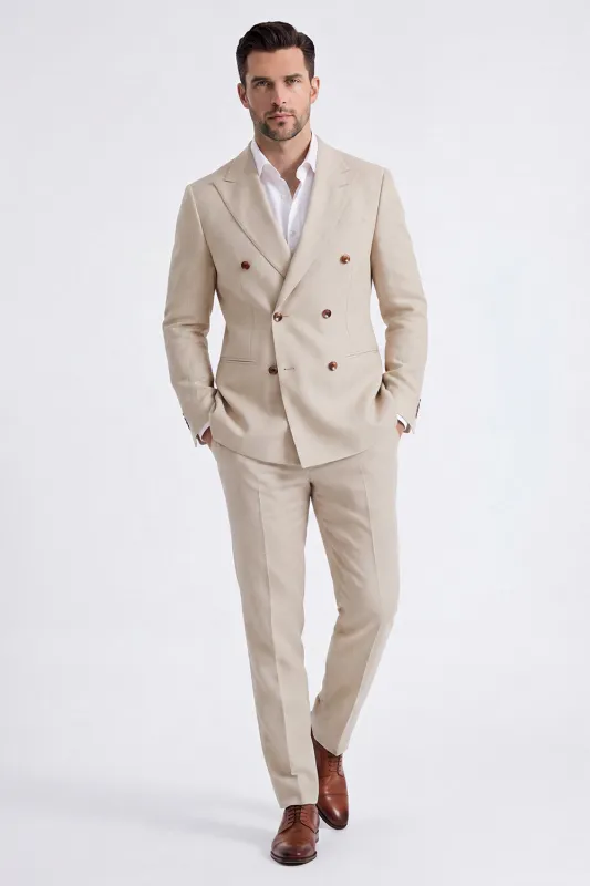 Beige Peak Lapel Double Breasted 2 Piece Men's Suits made by Zapaka