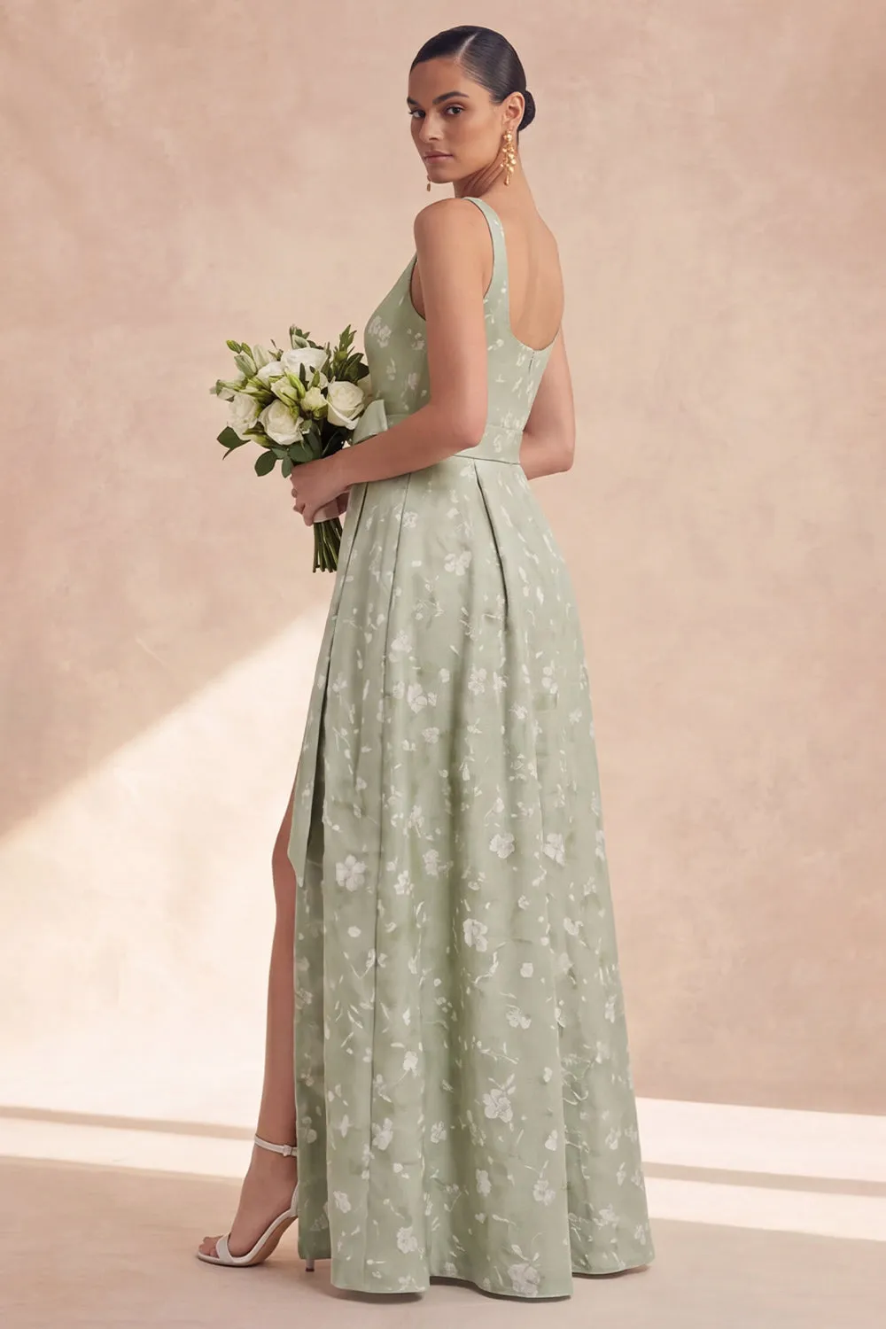 Sage A Line Floral Long Thick Straps Bridesmaid Dress with Bow sold by Zapaka product image thumbnail 3
