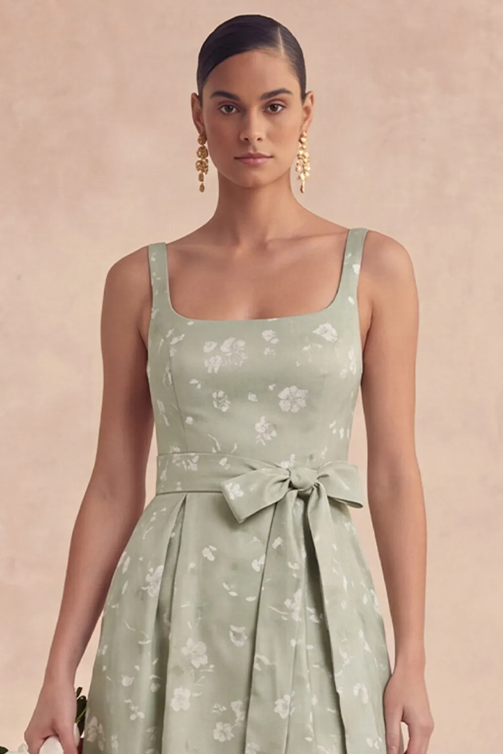 Sage A Line Floral Long Thick Straps Bridesmaid Dress with Bow sold by Zapaka product image thumbnail 4