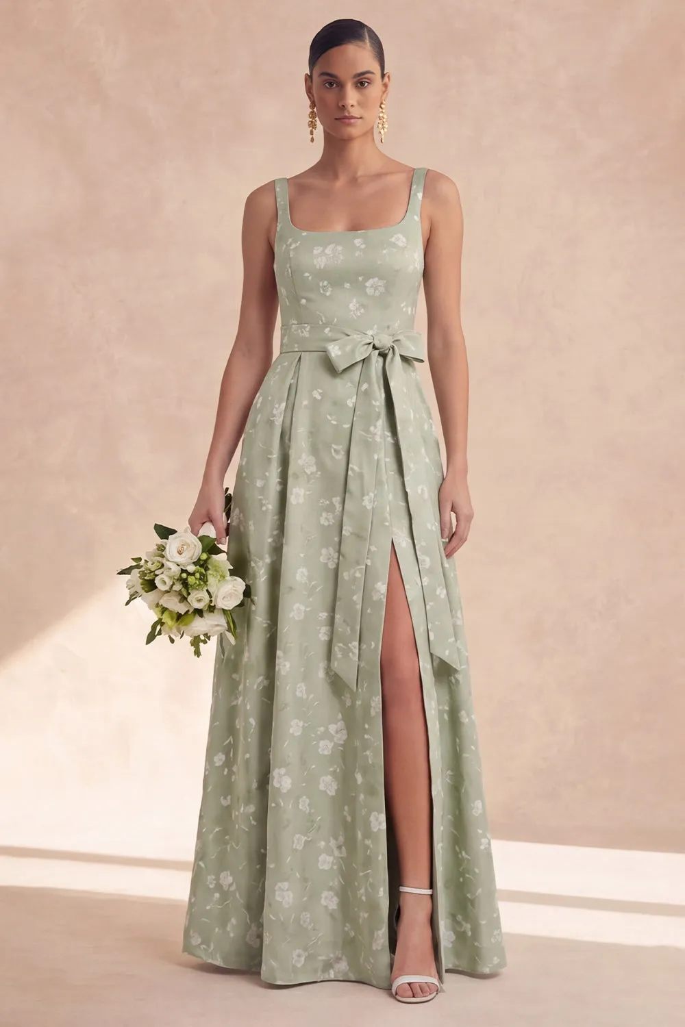 Sage A Line Floral Long Thick Straps Bridesmaid Dress with Bow sold by Zapaka