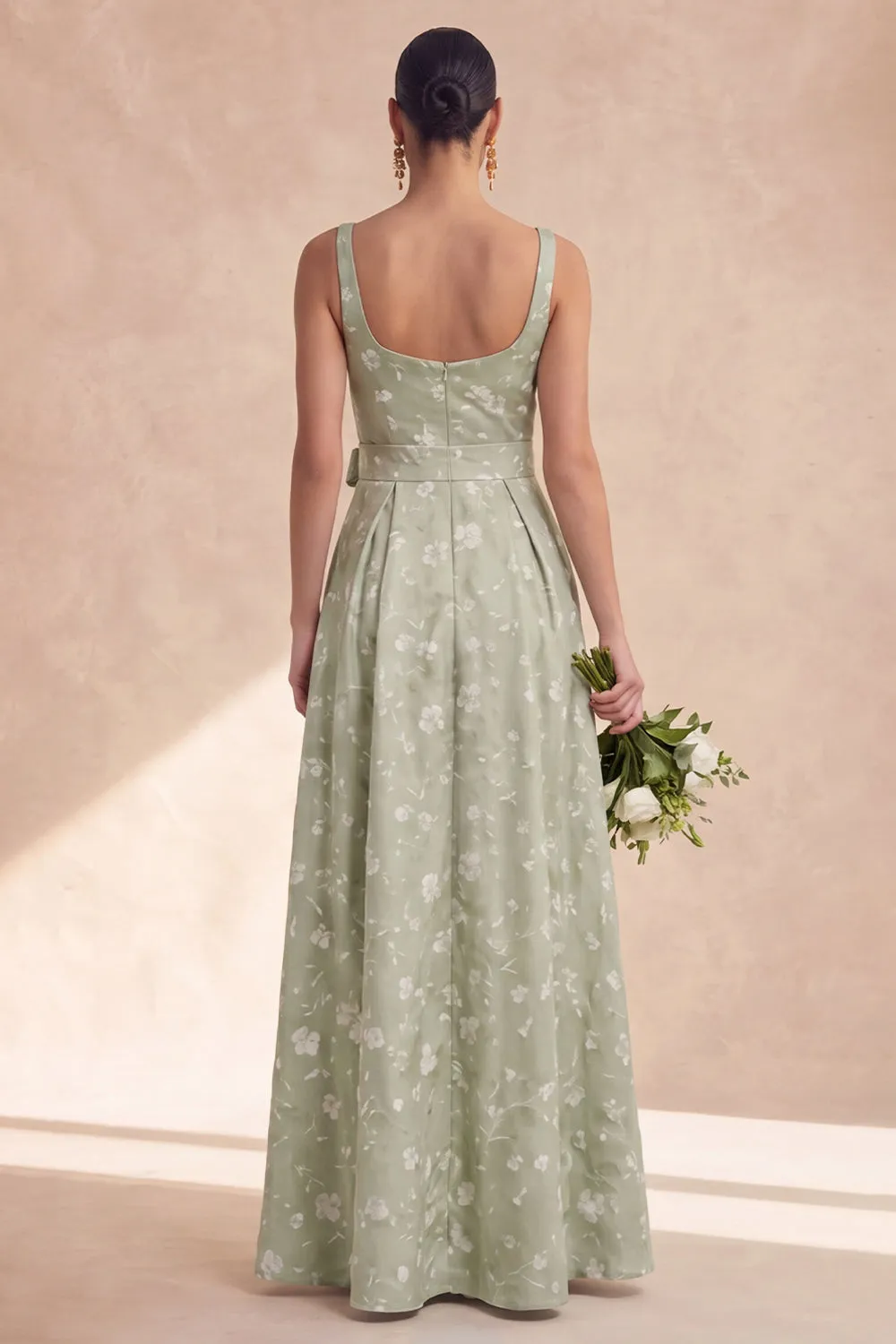 Sage A Line Floral Long Thick Straps Bridesmaid Dress with Bow sold by Zapaka product image thumbnail 2