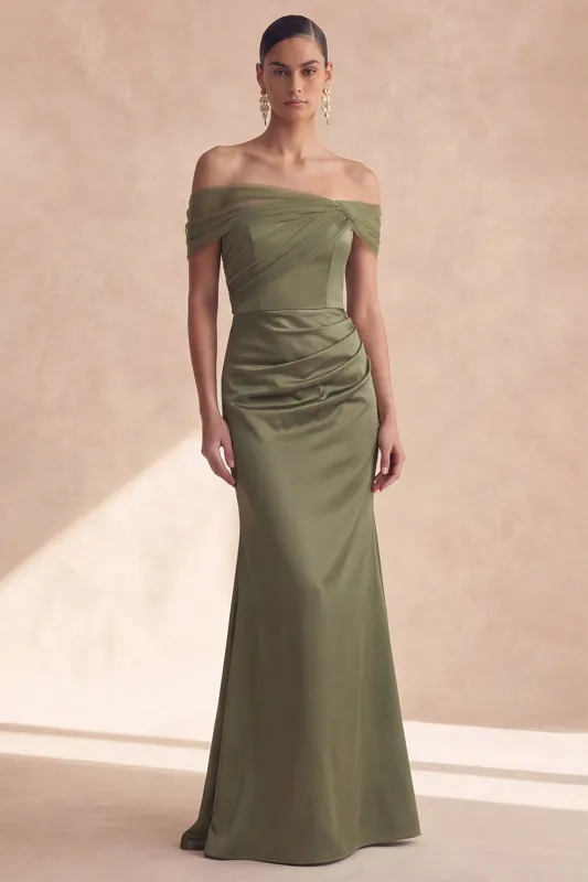 Off The Shoulder Olive Mermaid Ruched Bridesmaid Dress made by Zapaka