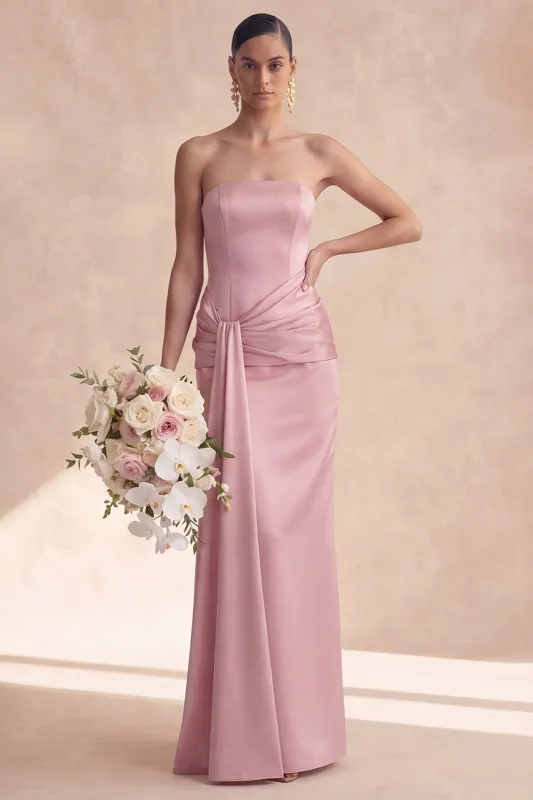Strapless Dusty Rose Satin Mermaid Bridesmaid Dress with Sash made by Zapaka