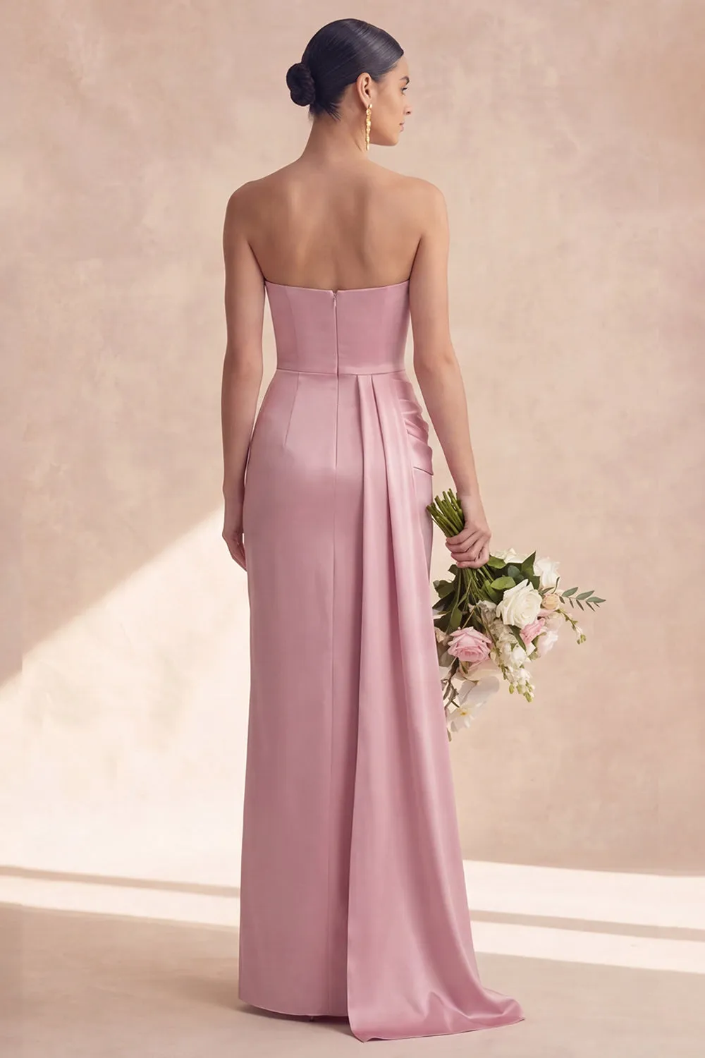 Strapless Dusty Rose Satin Mermaid Bridesmaid Dress with Sash sold by Zapaka product image thumbnail 2