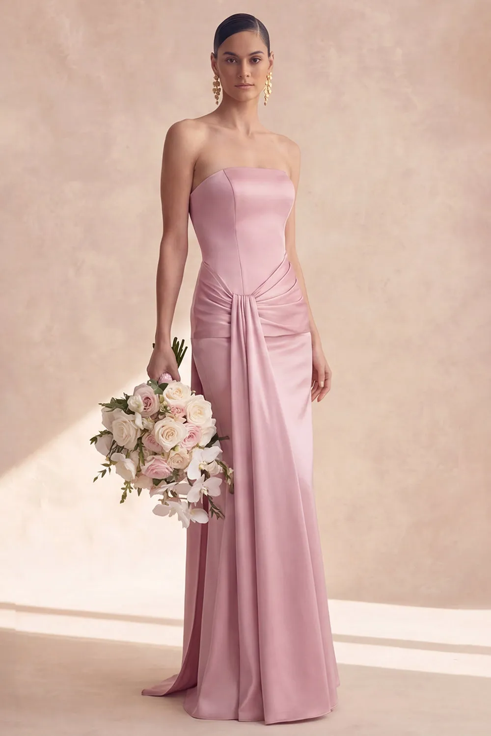 Strapless Dusty Rose Satin Mermaid Bridesmaid Dress with Sash sold by Zapaka product image thumbnail 3