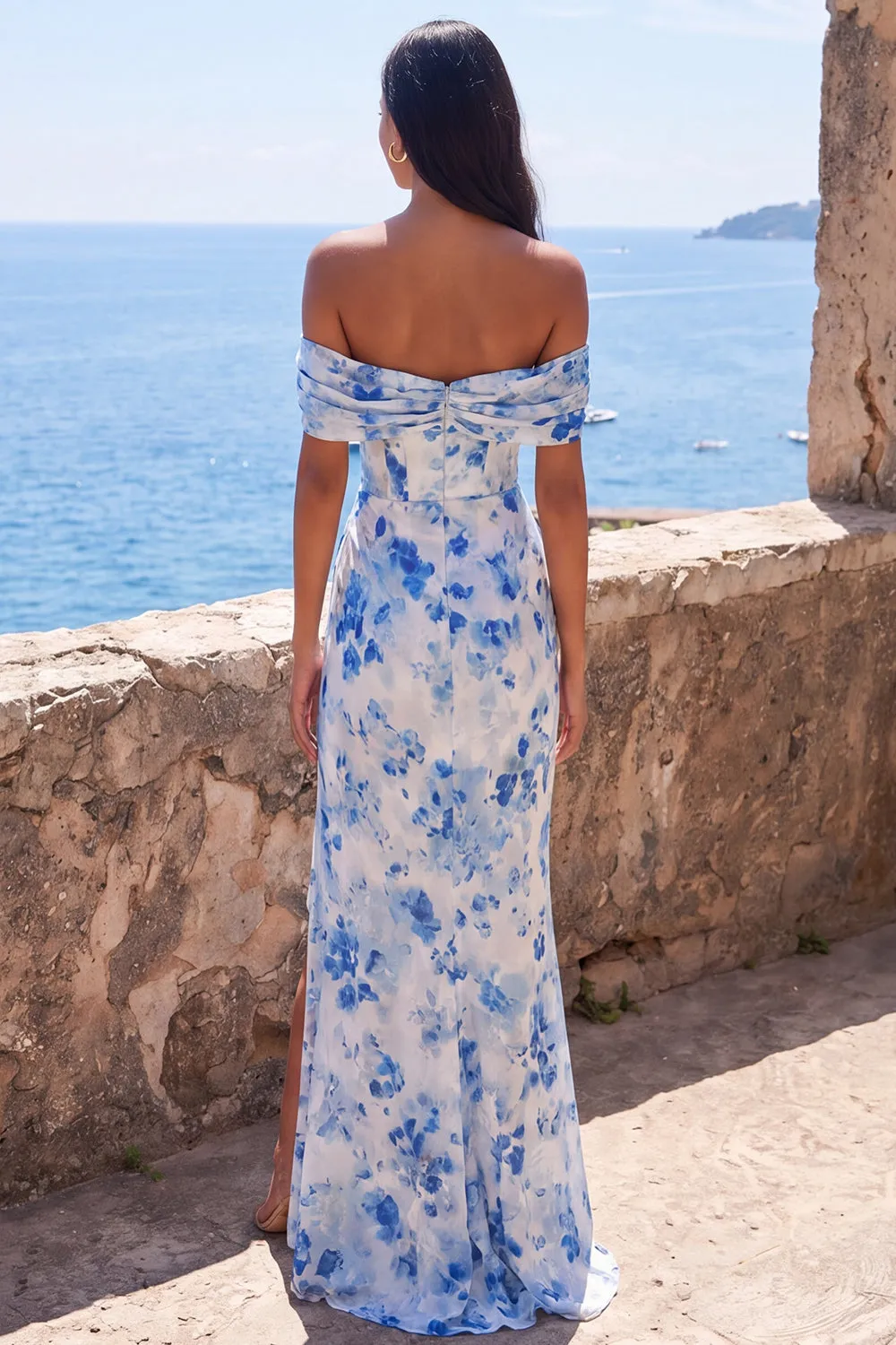 Mermaid Blue Flower Chiffon Off the Shoulder Ruched Maxi Dress with Slit sold by Zapaka product image thumbnail 2