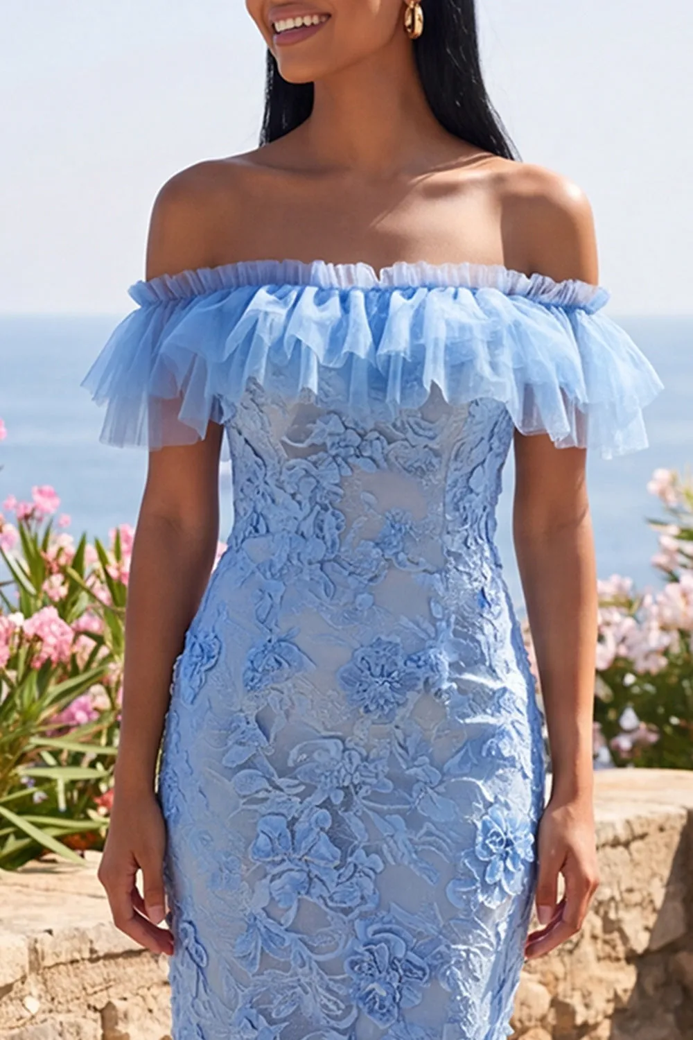Mermaid Blue Off the Shoulder Ruffled Maxi Floral Dress with Appliques sold by Zapaka product image thumbnail 3