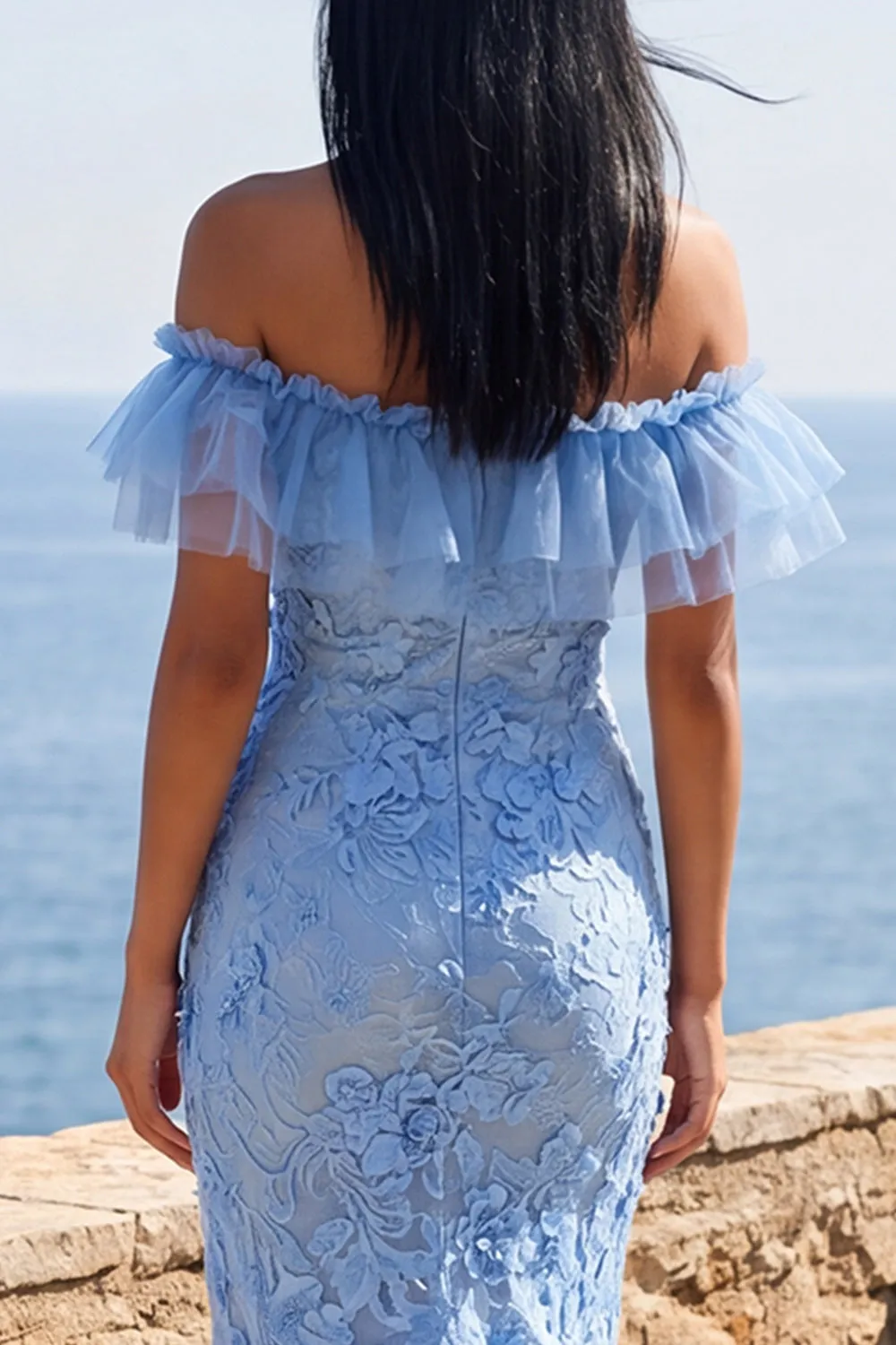 Mermaid Blue Off the Shoulder Ruffled Maxi Floral Dress with Appliques sold by Zapaka product image thumbnail 4