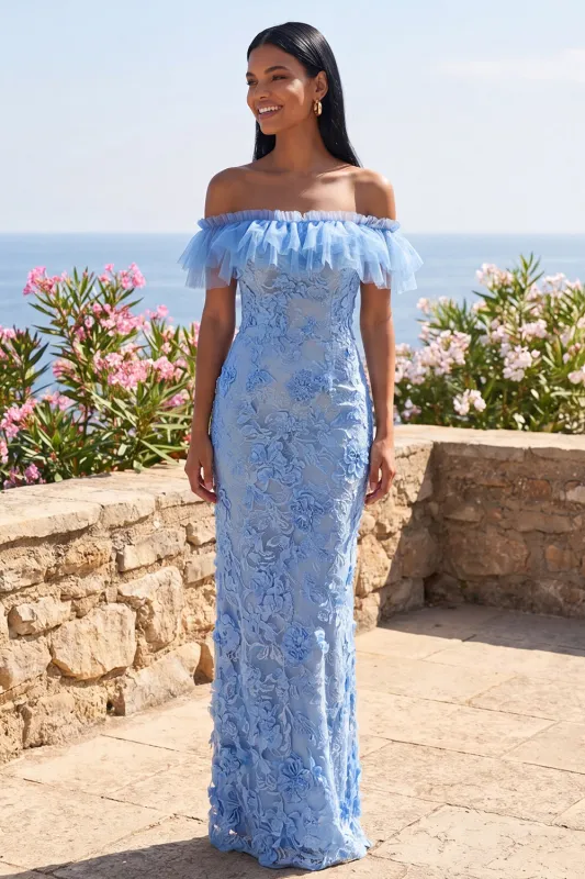 Mermaid Blue Off the Shoulder Ruffled Maxi Floral Dress with Appliques made by Zapaka