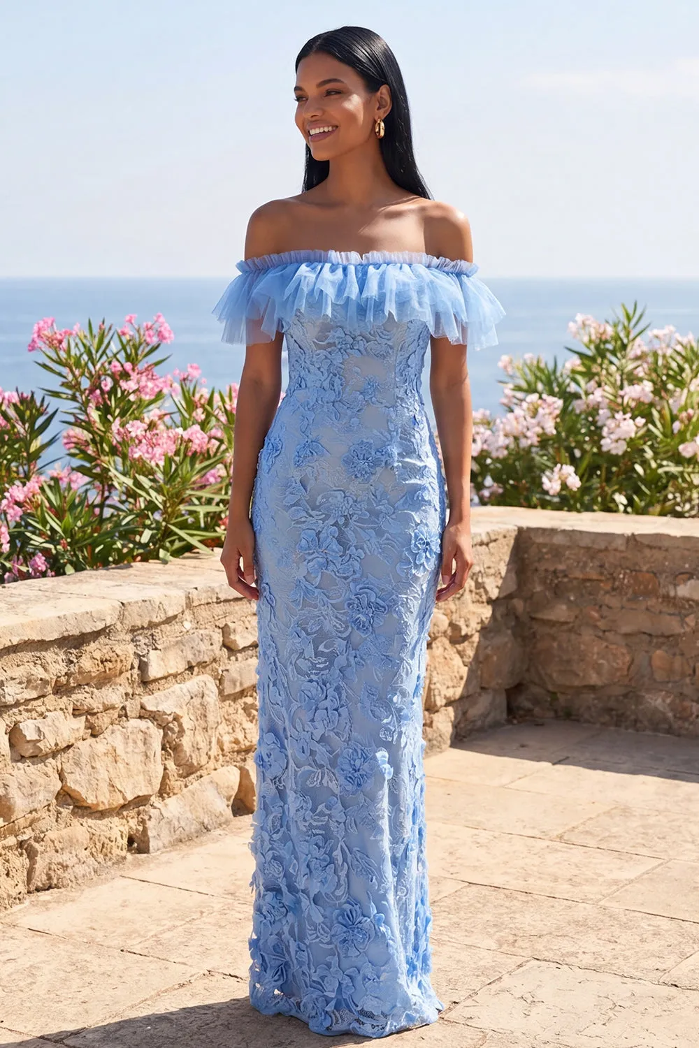 Mermaid Blue Off the Shoulder Ruffled Maxi Floral Dress with Appliques sold by Zapaka