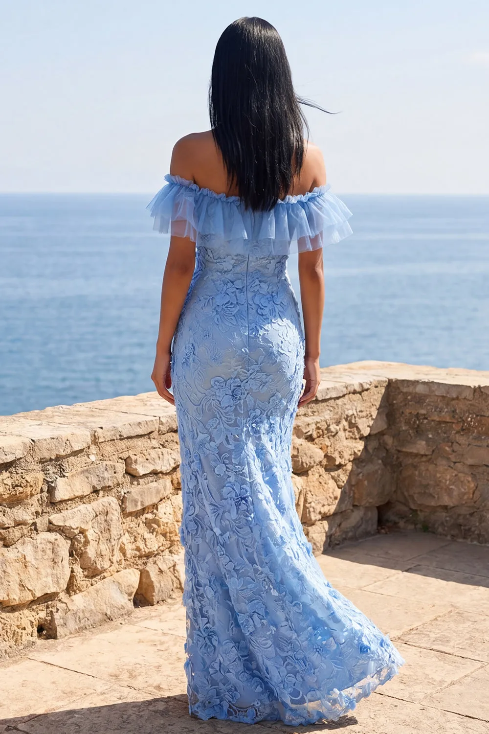 Mermaid Blue Off the Shoulder Ruffled Maxi Floral Dress with Appliques sold by Zapaka product image thumbnail 2