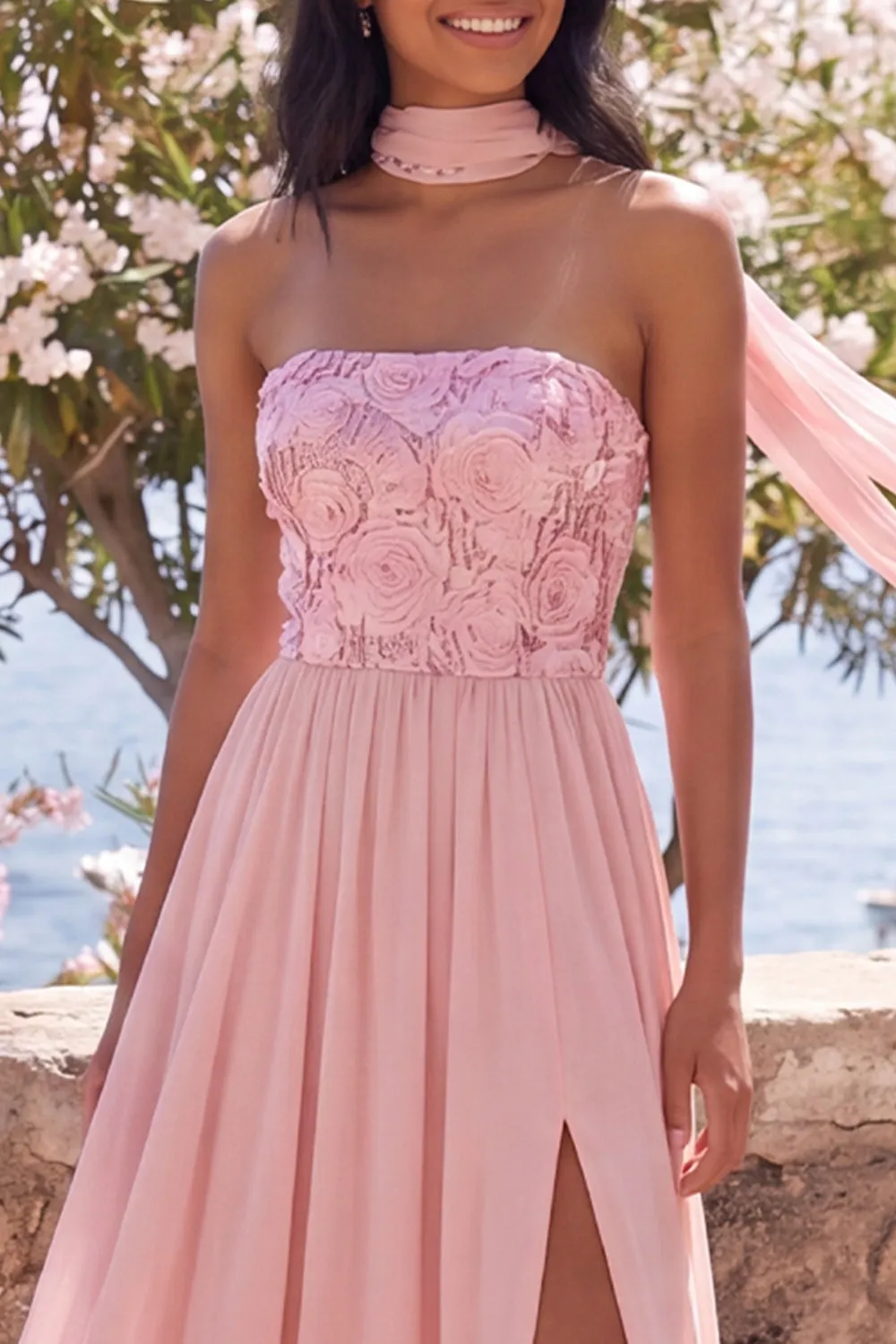 A-Line Strapless Pink Chiffon Maxi Floral Dress with Slit sold by Zapaka product image thumbnail 3