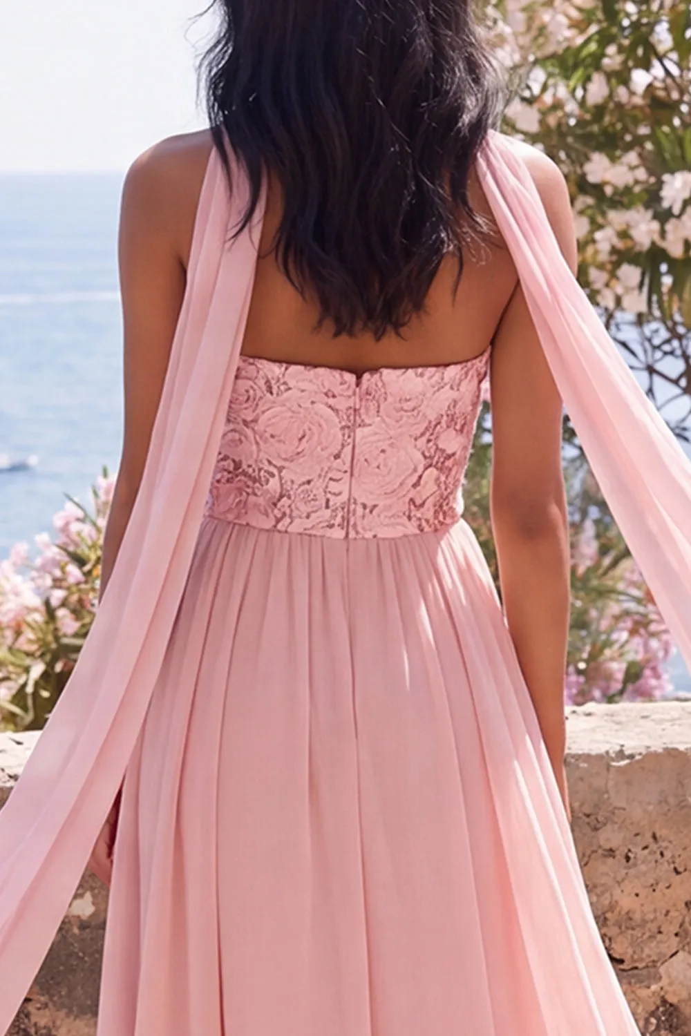 A-Line Strapless Pink Chiffon Maxi Floral Dress with Slit sold by Zapaka product image thumbnail 4