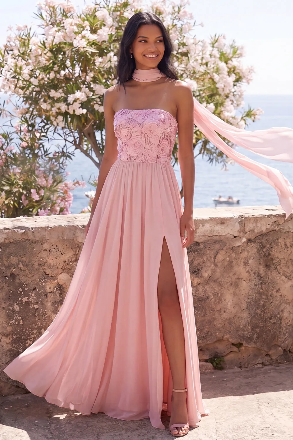 A-Line Strapless Pink Chiffon Maxi Floral Dress with Slit sold by Zapaka