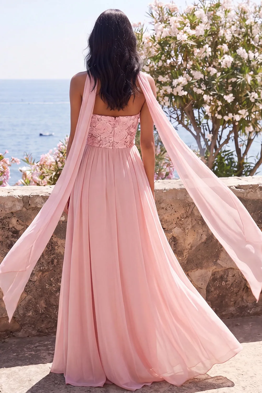 A-Line Strapless Pink Chiffon Maxi Floral Dress with Slit sold by Zapaka product image thumbnail 2