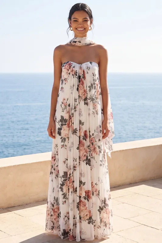 A-Line Sweetheart Ivory Chiffon Pleated Maxi Floral Dress with Neck Scarf made by Zapaka