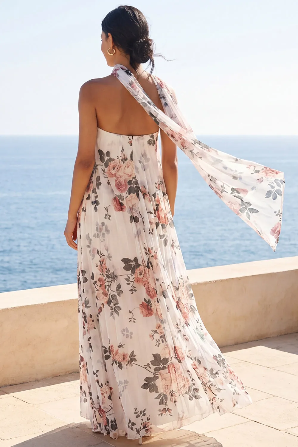 A-Line Sweetheart Ivory Chiffon Pleated Maxi Floral Dress with Neck Scarf sold by Zapaka product image thumbnail 2