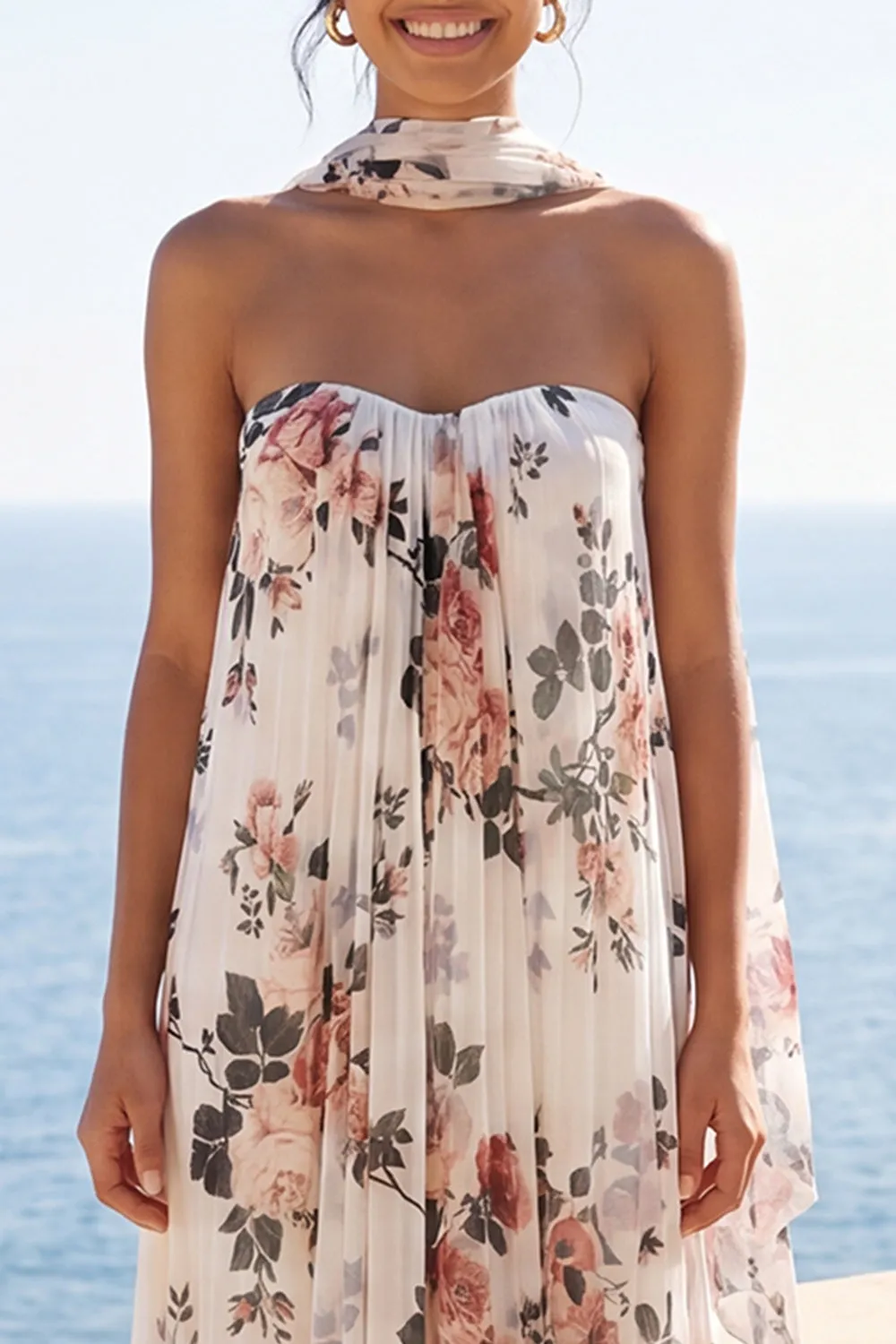 A-Line Sweetheart Ivory Chiffon Pleated Maxi Floral Dress with Neck Scarf sold by Zapaka product image thumbnail 3