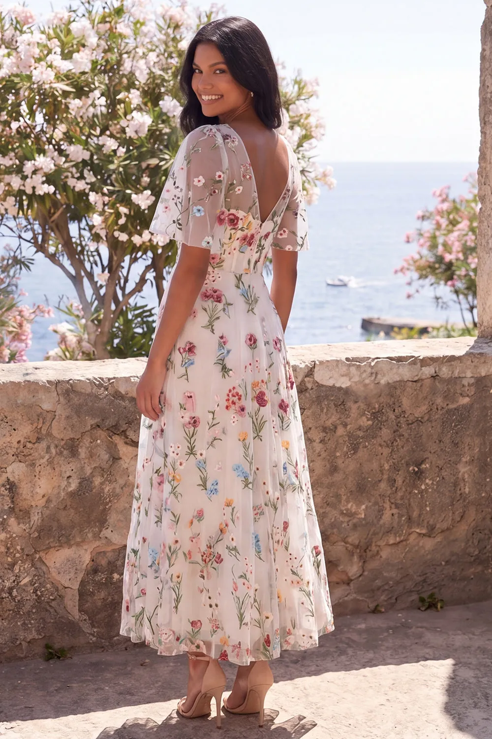 Ivory A-Line Tulle Corset V-Neck Embroidered Floral Midi Dress with Flutter Sleeves sold by Zapaka product image thumbnail 2