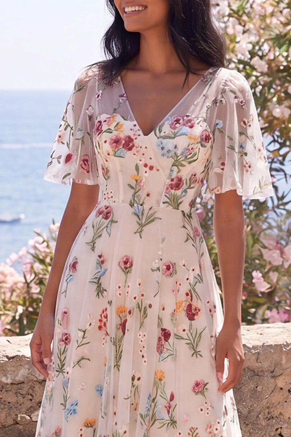 Ivory A-Line Tulle Corset V-Neck Embroidered Floral Midi Dress with Flutter Sleeves sold by Zapaka product image thumbnail 3