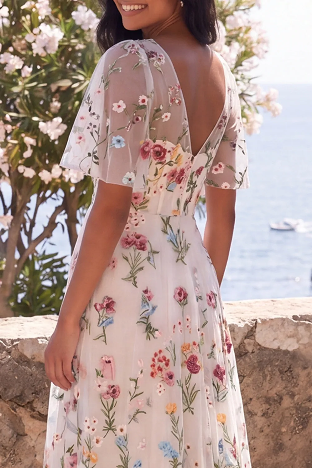 Ivory A-Line Tulle Corset V-Neck Embroidered Floral Midi Dress with Flutter Sleeves sold by Zapaka product image thumbnail 4