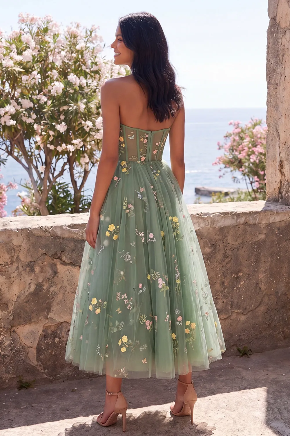 Sweetheart Dusty Sage A-Line Tulle Sheer Corset Embroidered Floral Midi Dress sold by Zapaka product image thumbnail 2