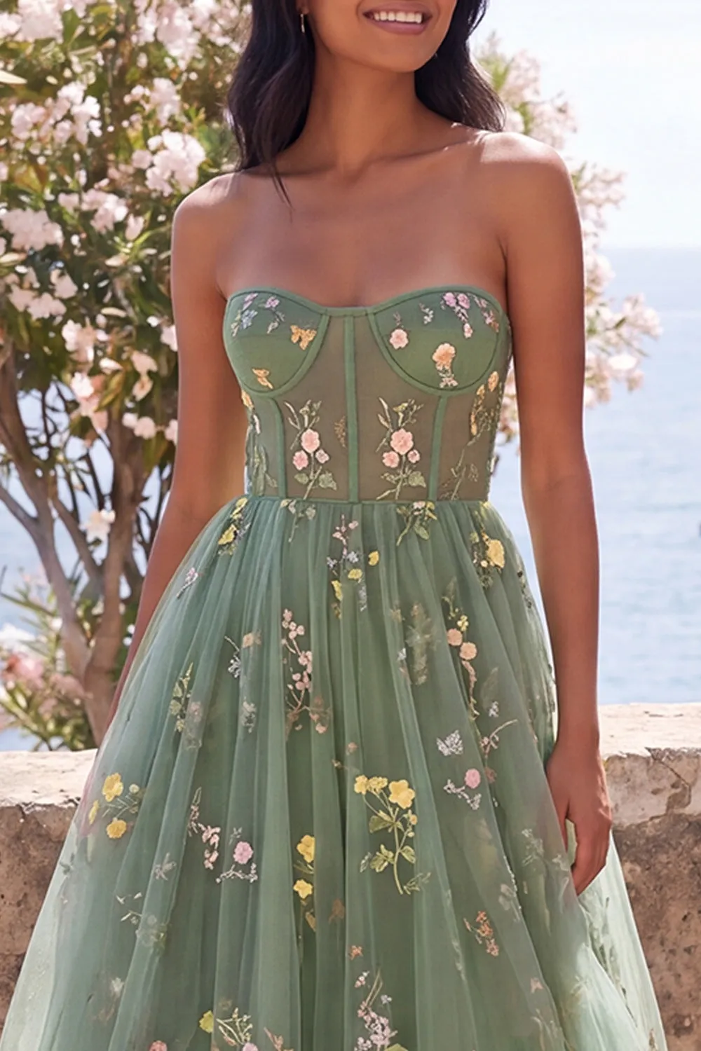 Sweetheart Dusty Sage A-Line Tulle Sheer Corset Embroidered Floral Midi Dress sold by Zapaka product image thumbnail 3