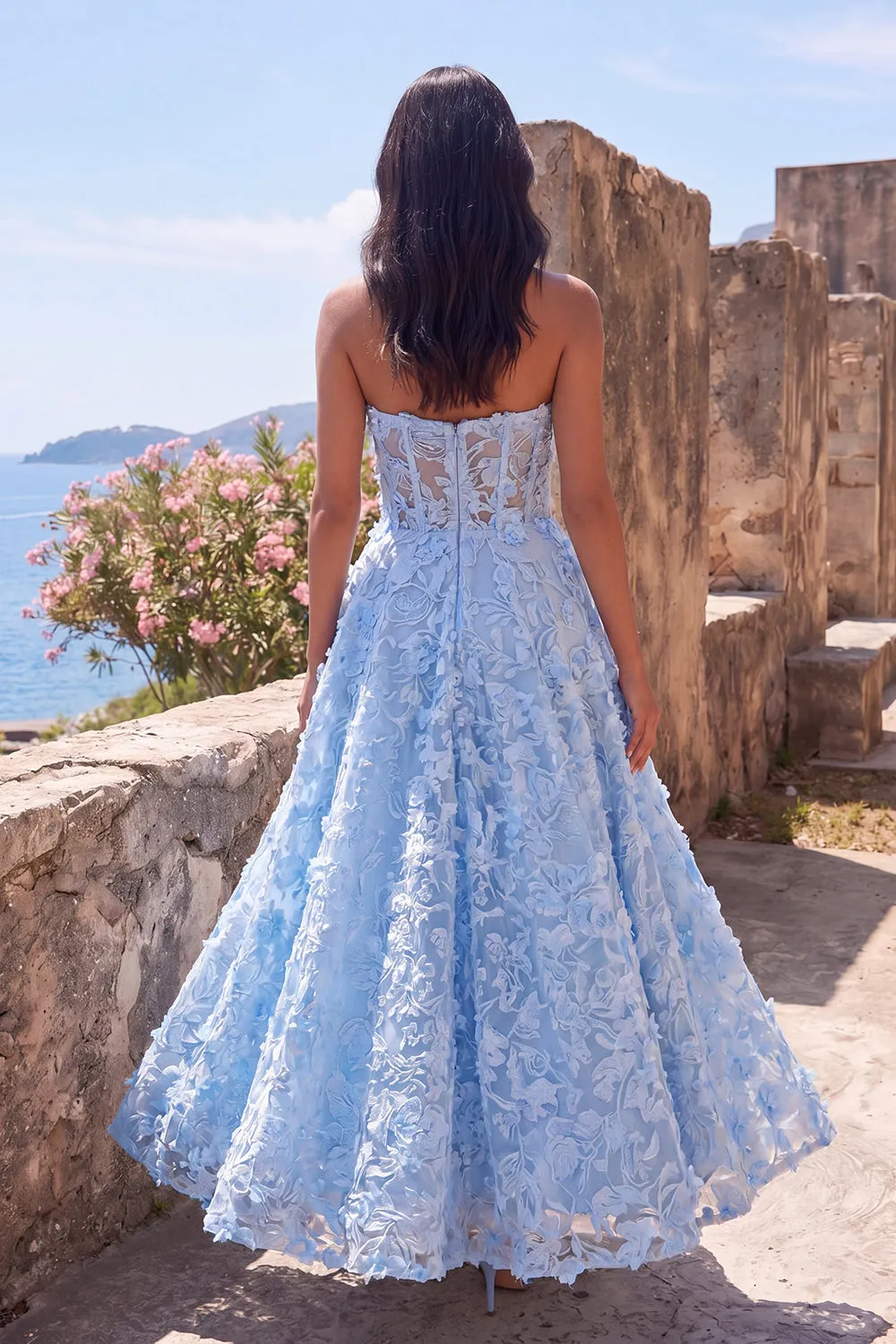 Blue Strapless A-Line Sheer Corset Appliqued Midi Floral Dress sold by Zapaka product image thumbnail 2