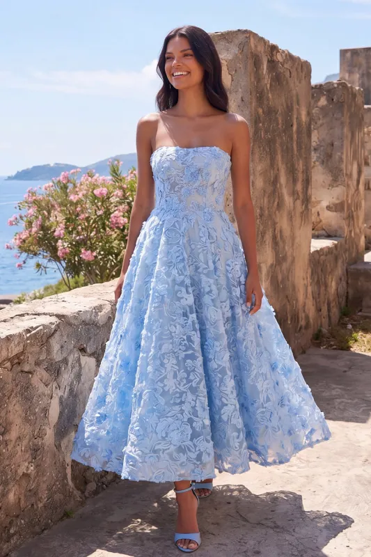 Blue Strapless A-Line Sheer Corset Appliqued Midi Floral Dress made by Zapaka