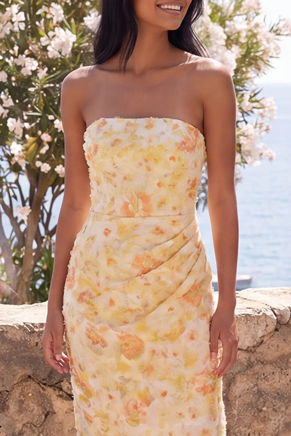 Yellow Strapless Ruched Bodycon Midi Floral Dress with Slit sold by Zapaka product image thumbnail 3