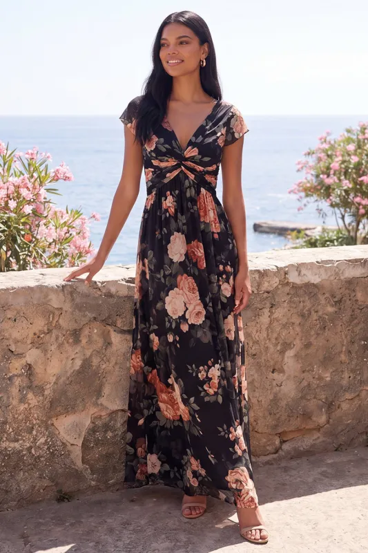 Black Chiffon A-Line V-Neck Ruched Maxi Floral Dress with Cap Sleeves made by Zapaka