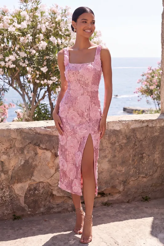 Sparkly Pink Bodycon Square Neck Sequins Midi Floral Dress with Slit made by Zapaka