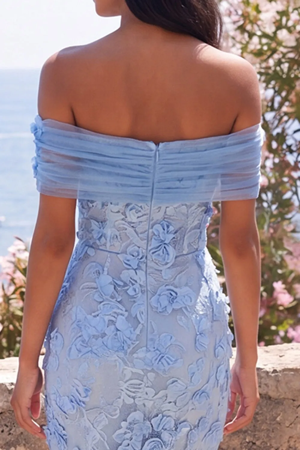 Blue Off the Shoulder Bodycon Appliqued Floral Maxi Dress sold by Zapaka product image thumbnail 4