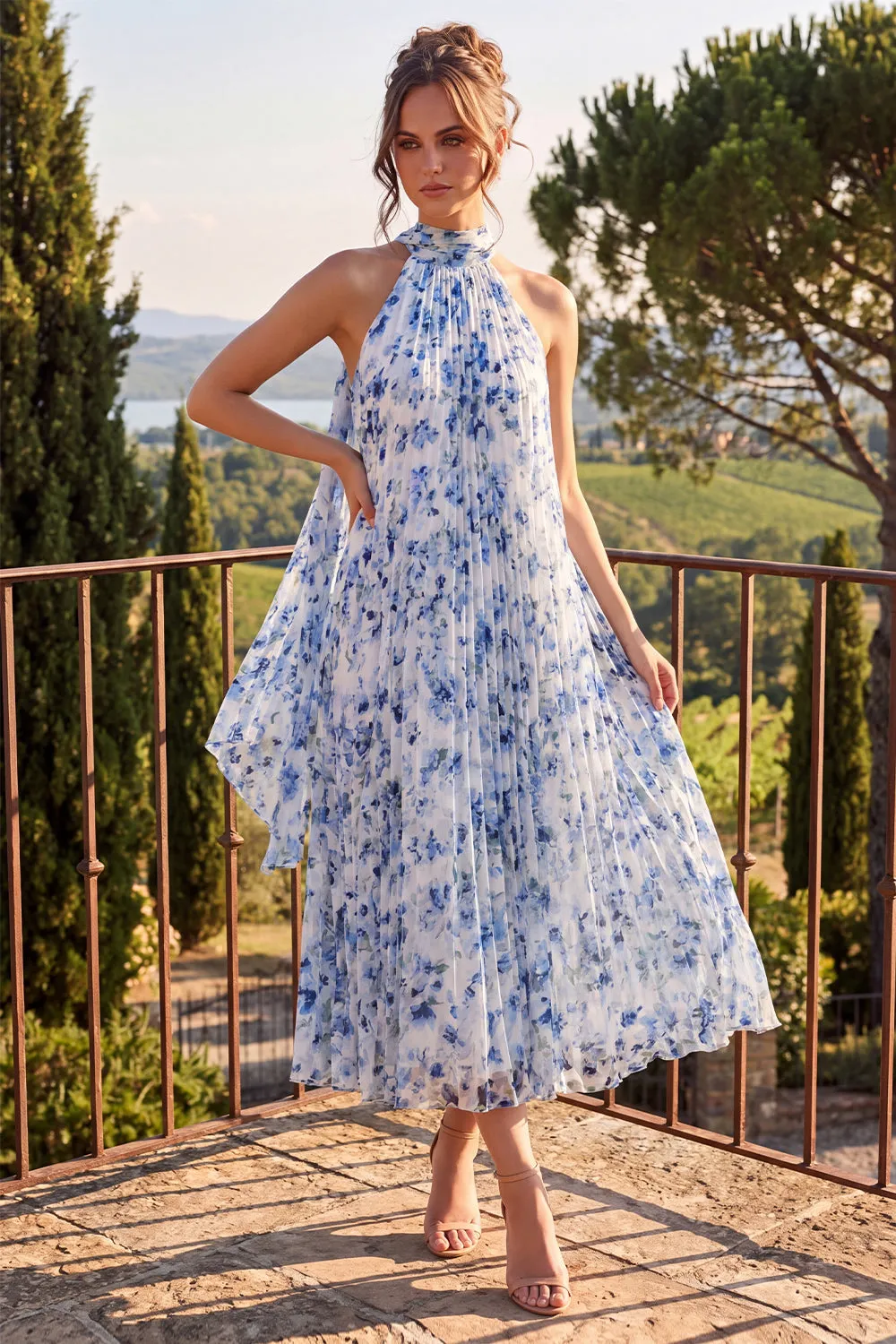 Blue A Line Halter Pleated Midi Floral Dress sold by Zapaka