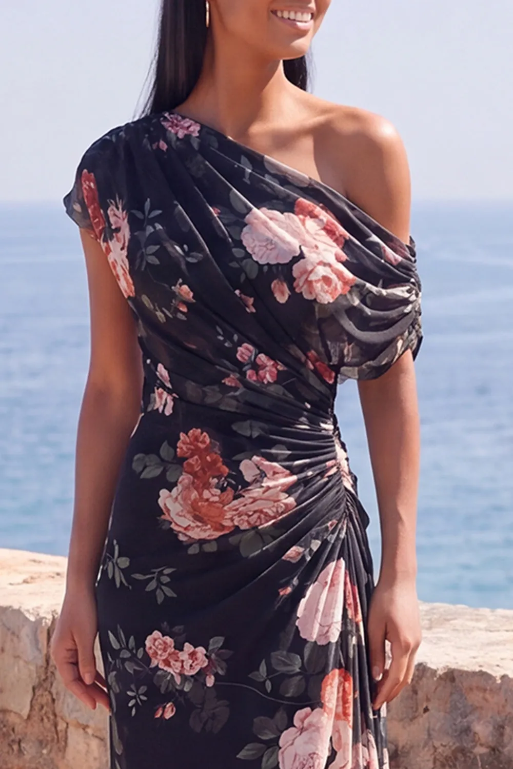 One Shoulder Black Mermaid Floral Ruched Chiffon Long Formal Dress sold by Zapaka product image thumbnail 3