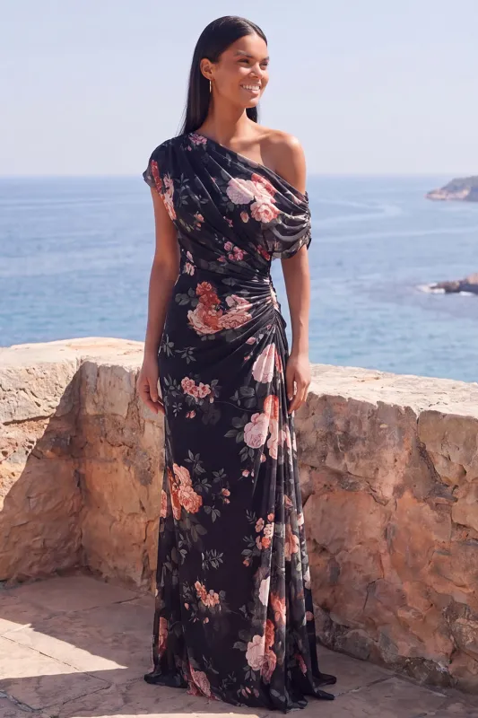 One Shoulder Black Mermaid Floral Ruched Chiffon Long Formal Dress made by Zapaka
