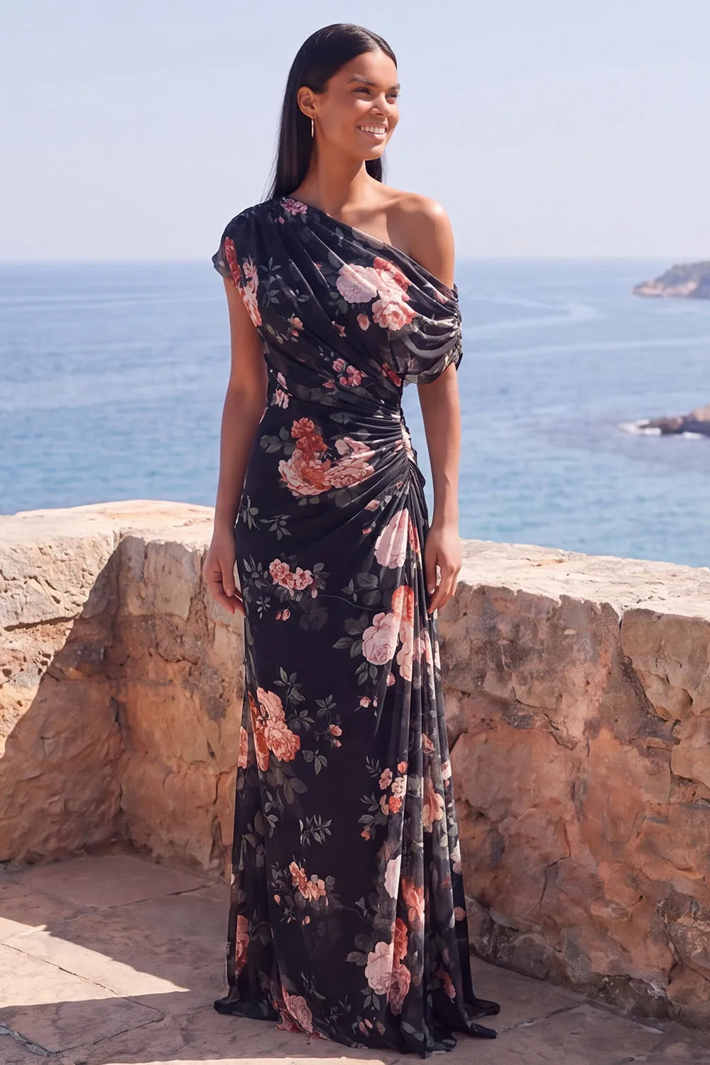 One Shoulder Black Mermaid Floral Ruched Chiffon Long Formal Dress sold by Zapaka