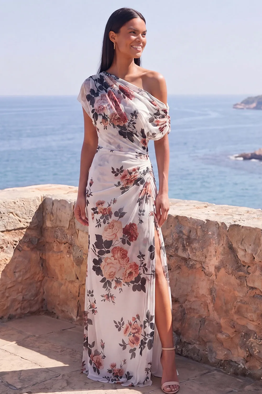 One Shoulder Black Mermaid Floral Ruched Chiffon Long Formal Dress sold by Zapaka product image thumbnail 5