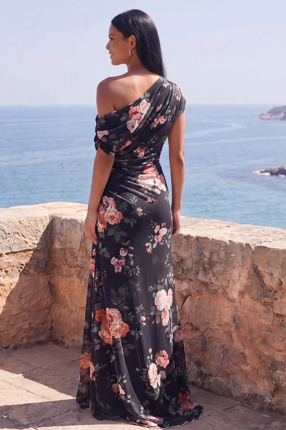 One Shoulder Black Mermaid Floral Ruched Chiffon Long Formal Dress sold by Zapaka product image thumbnail 2