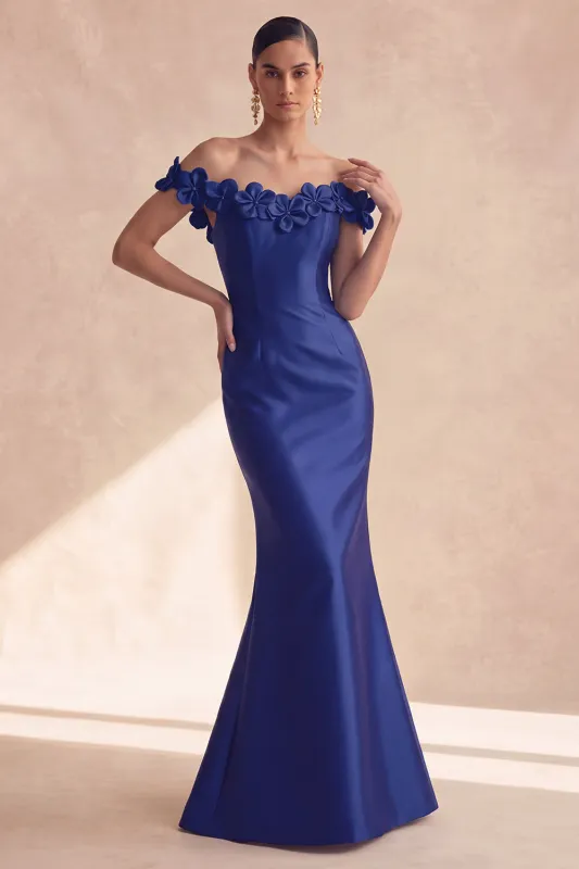 Dark Navy Off the Shoulder Mermaid Satin Long Formal Dress with 3D Flowers made by Zapaka