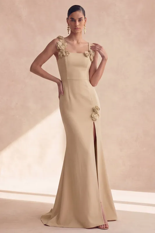 Champagne Mermaid Square Neck 3D Flowers Long Formal Dress with Slit made by Zapaka