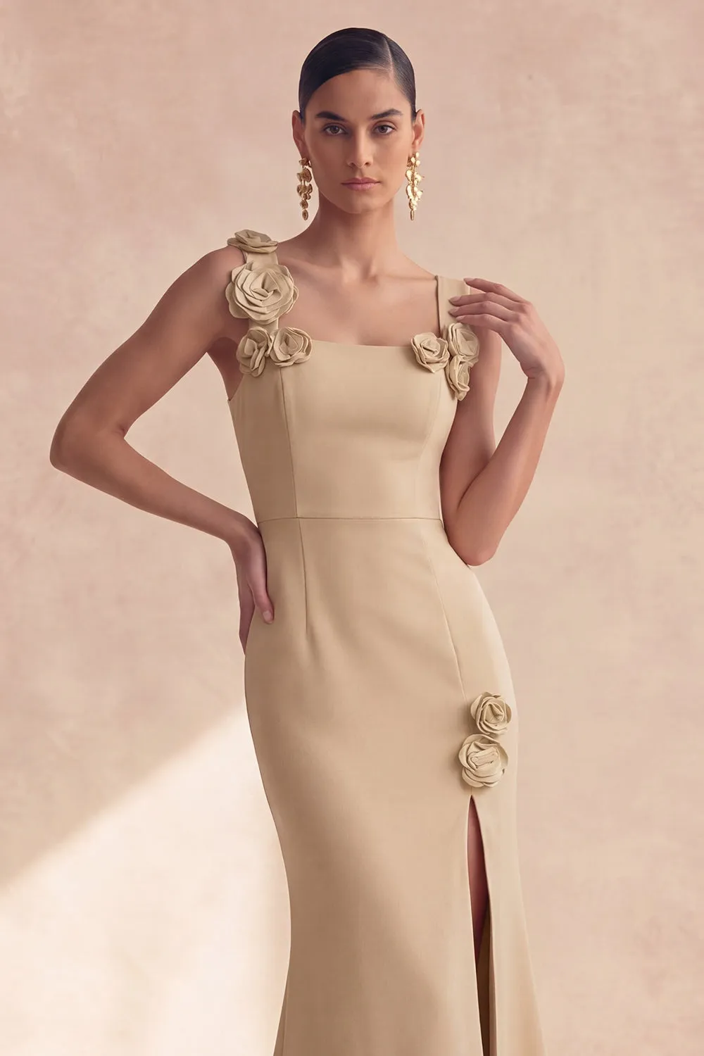Champagne Mermaid Square Neck 3D Flowers Long Formal Dress with Slit sold by Zapaka product image thumbnail 3