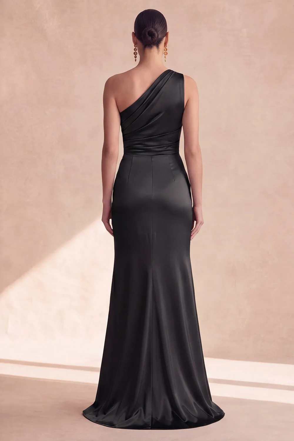 Satin Black One Shoulder Mermaid Ruched Long Formal Dress with Slit sold by Zapaka product image thumbnail 2