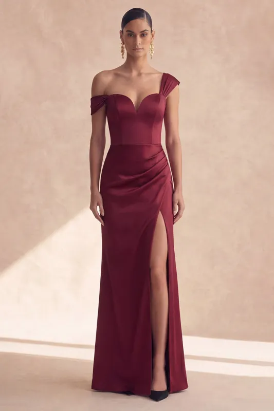 Off the Shoulder Burgundy Mermaid Formal Dress with Slit made by Zapaka