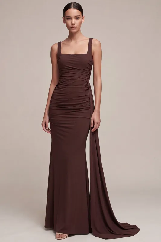 Brown Square Neck Long Mermaid Formal Dress with Side Cape made by Zapaka