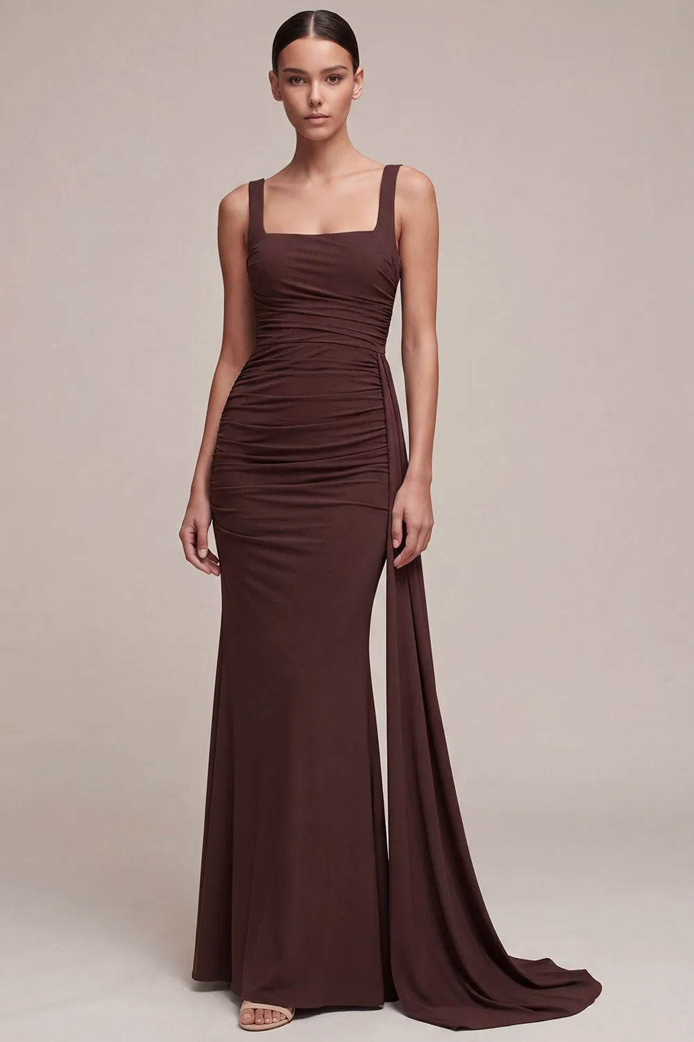 Brown Square Neck Long Mermaid Formal Dress with Side Cape sold by Zapaka